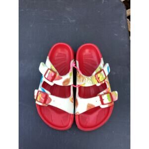 Birkis by Birkenstock Cuba Red Floral 3 Strap Buckle Slide Sandals